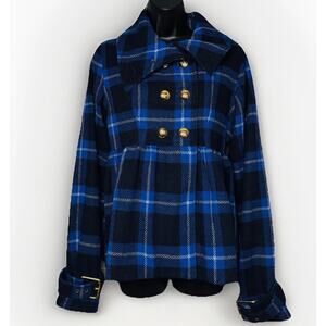 Dereon Juniors LG Y2K Wool Blue Plaid Coat Satin Preppy Gold Button High Waist
